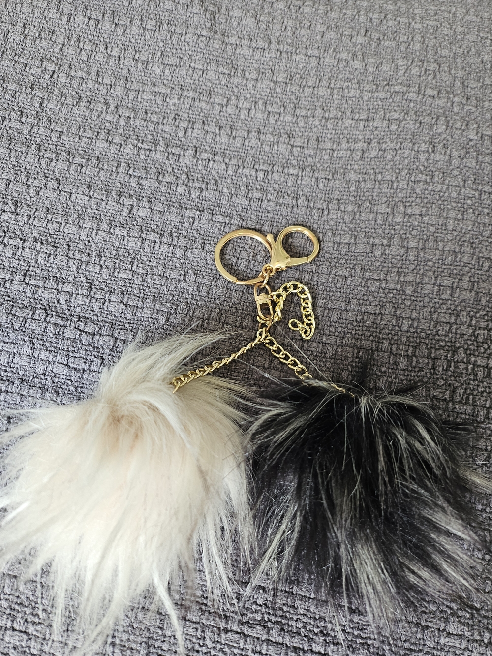 Faux Fur Double Pom Keychain - Black & Cream with Gold Hardware